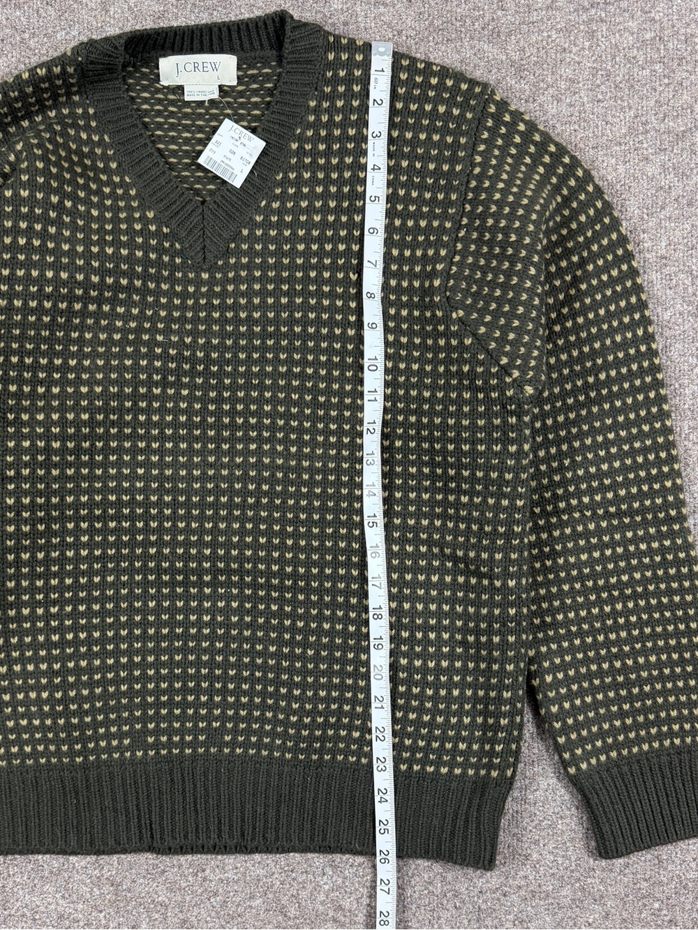 J Crew Green Birdseye Pattern V-Neck Knit Wool Pullover Sweater Men’s Large NWT - Picture 6 of 7